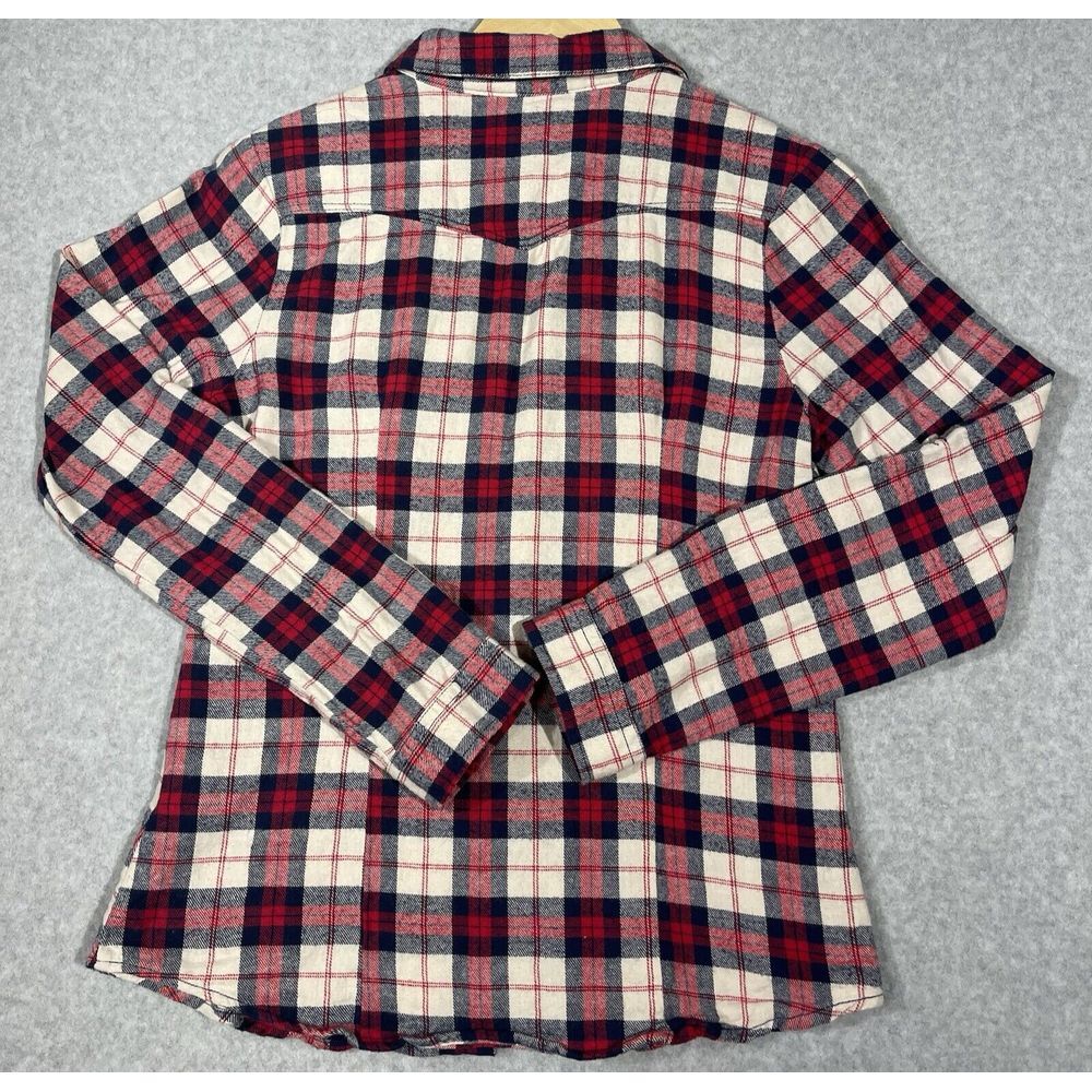 YMI Flannel Shirt Womens Juniors Medium Long Sleeve Plaid Pearl Snap Red Blue - Picture 2 of 12